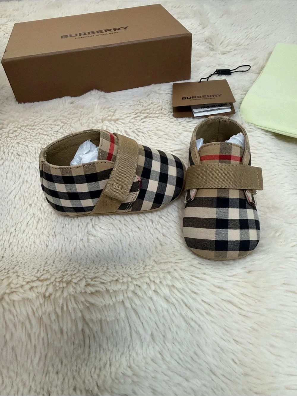 Burberry Beige Black Check Baby Walker Shoes with Tan Strap